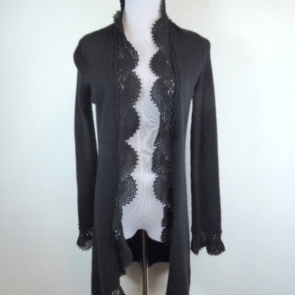 Sutton Studio Cashmere crochet open black sweater coat S